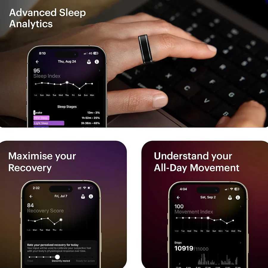 Smart Ring Fitness Tracker Sleep Tracking Wearable Accurately Monitor Pedometer Temperature App for iOS and Android (Black) W250819