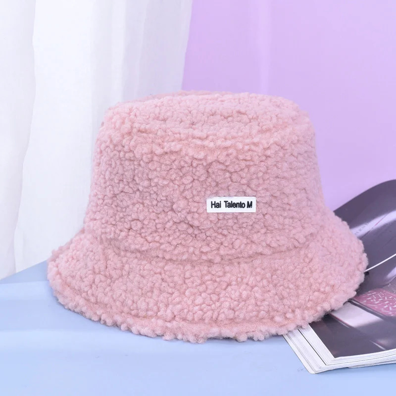 Kid Winter Warm Bucket Hat Solid Color Letter Lamb Wool Girls Boys Basin Cap Outdoor Children Casual Flat Top Fisherman Hat 250819