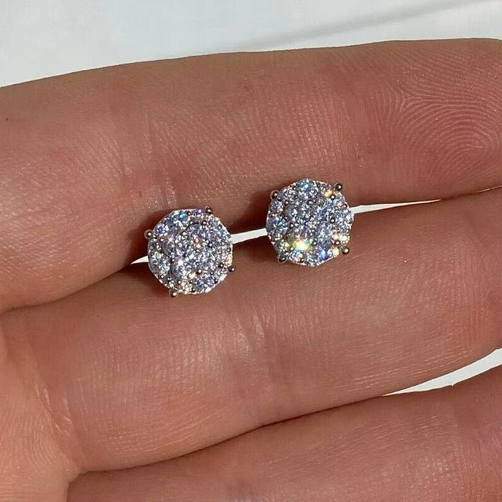 Screw Back Hip Hop Mens Cluster 925 Sterling Silver VVS Moissanite Stud Earrings