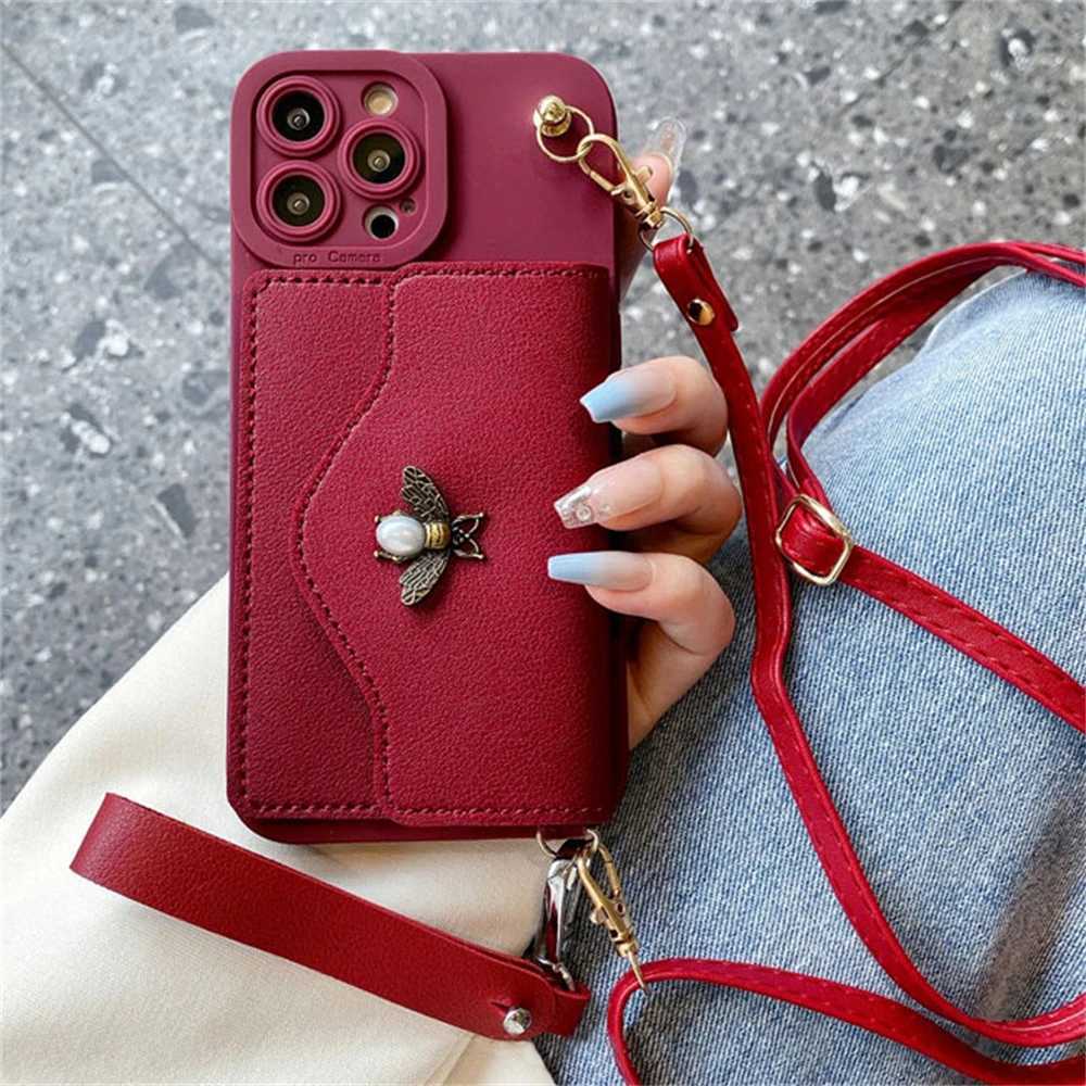 Luxury 3D Pearl Bee Leather Card Bag Crossbody Lanyard Soft Case For iPhone 16 15 14 Pro Max 13 12 11 XS X XR Plus Mini SE Cover Z250819
