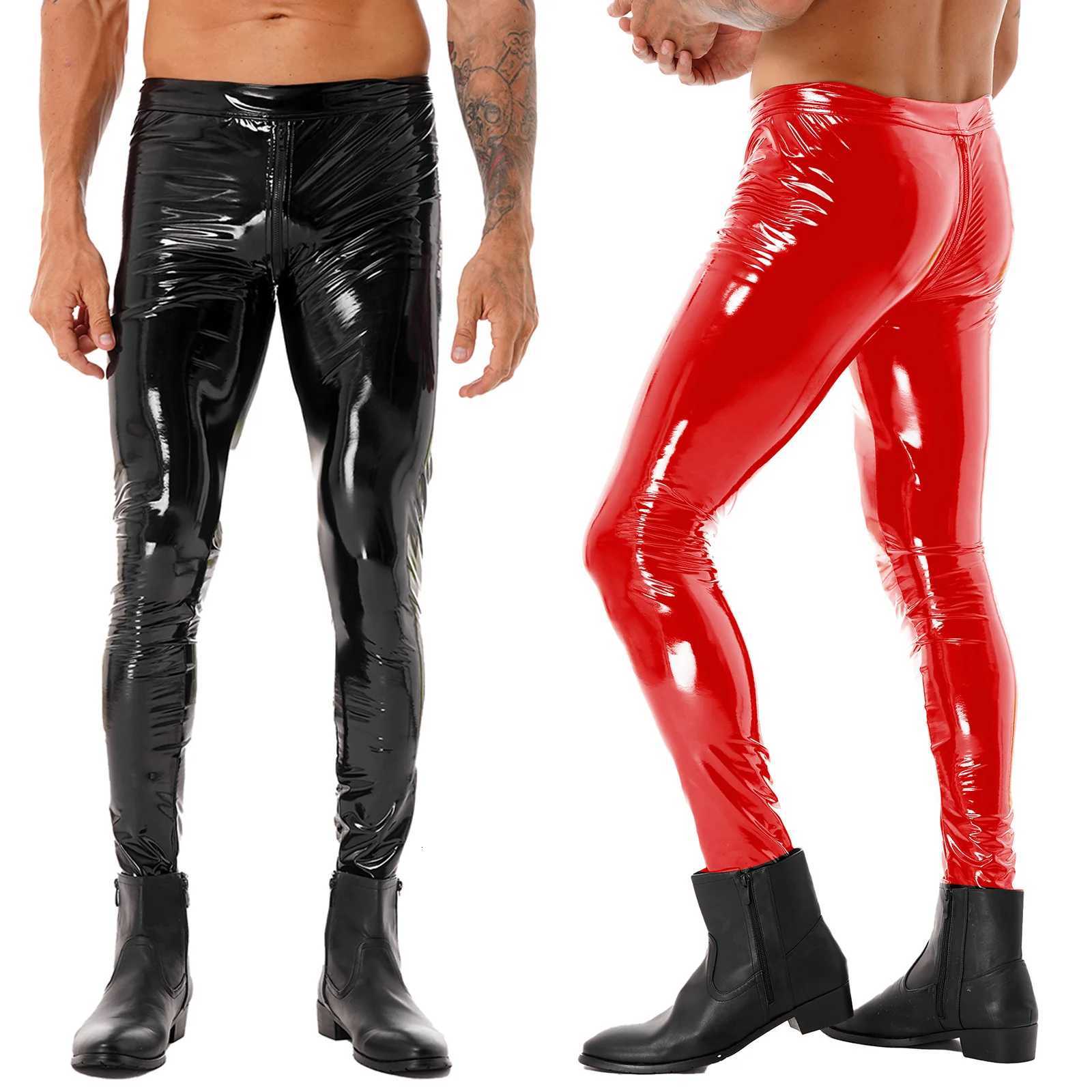 Mens Zipper Crotch Leather Skinny Pants Long Trousers Motorcycle Tight Leggings for Rave Nightclub Party Stage Performance W250819