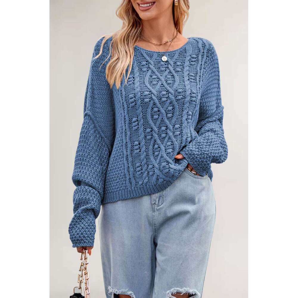 Autumn Winter New Women's Round Neck Twisted Rope Cable Knit Loose Plus Size Sweater B5