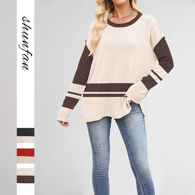 New Knitted Autumn Winter Women's Color Block Round Neck Loose Casual Pullover Sweater B3