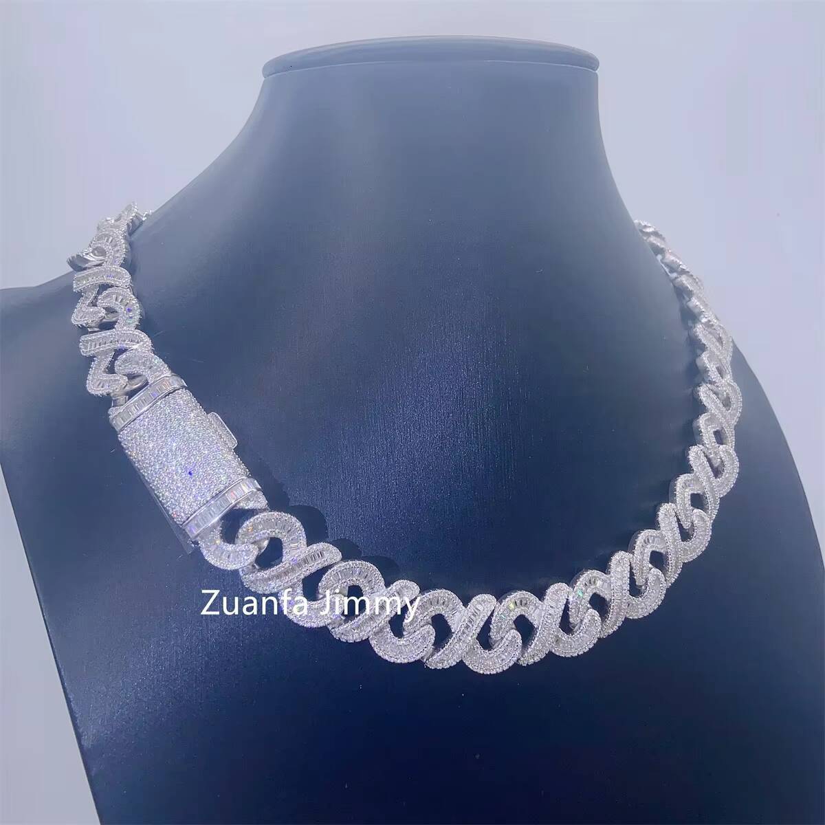 Customized 15mm Width 925 Sterling Silver White Gold Plated VVS1 Moissanite Diamond Baguette Cuban Link Chain Necklace Men