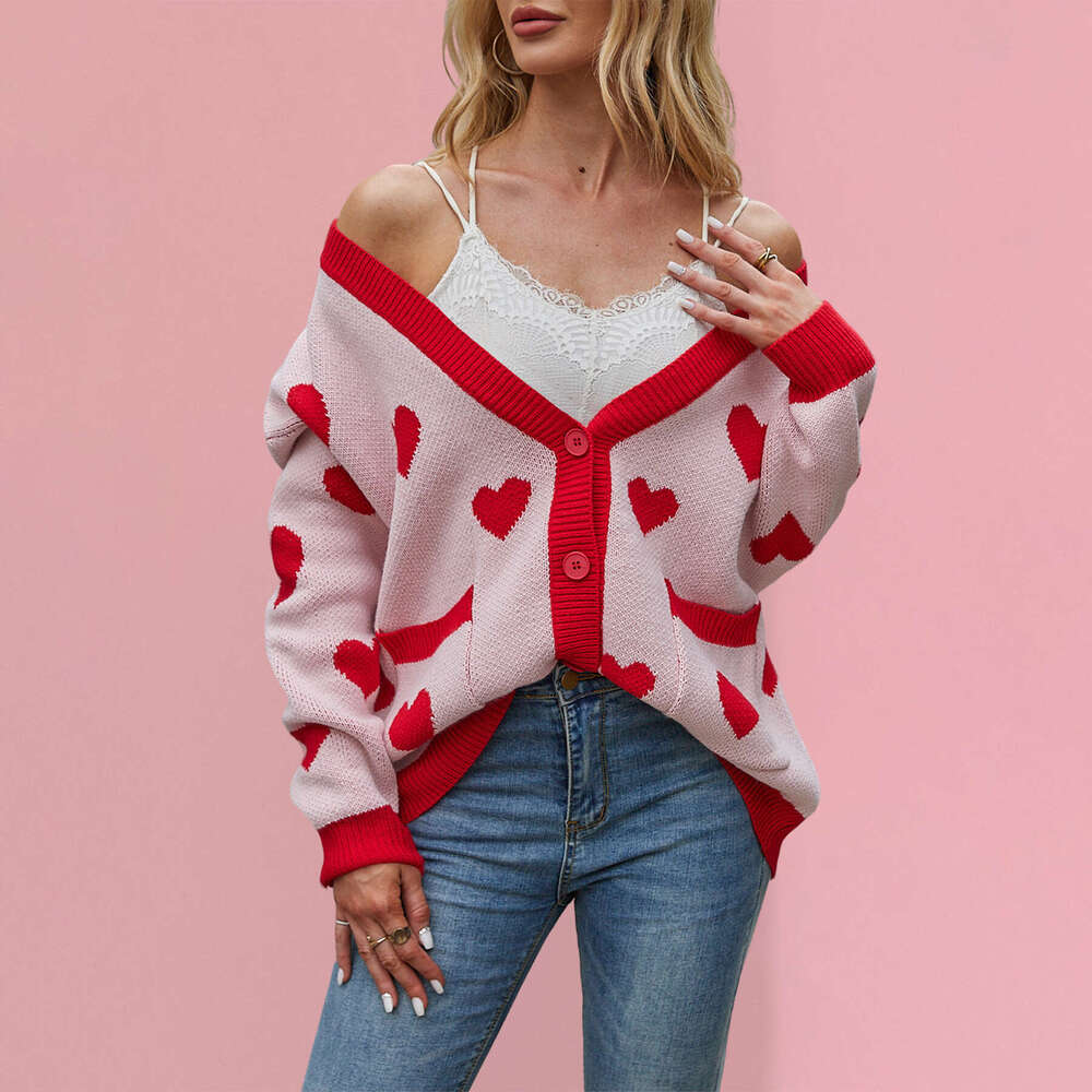 New Autumn Winter Valentine's Day Heart Peach Cardigan Pocket V-Neck Regular Fit Knitted Jacket B5