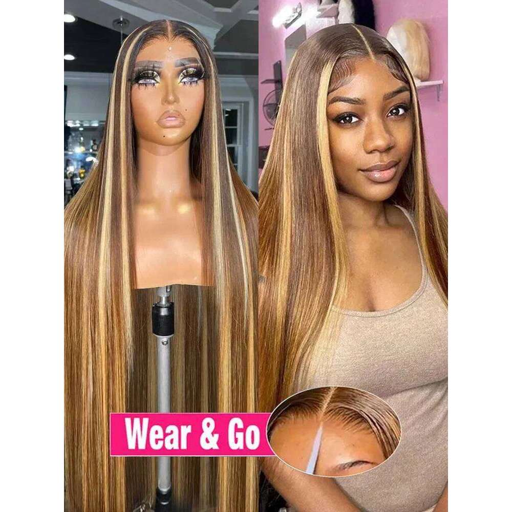 Wear Go Glueless Honey Blonde Straight Front Human Hair Colored Highlight 13X6 HD Lace Frontal Wig 30 32 34 Inch