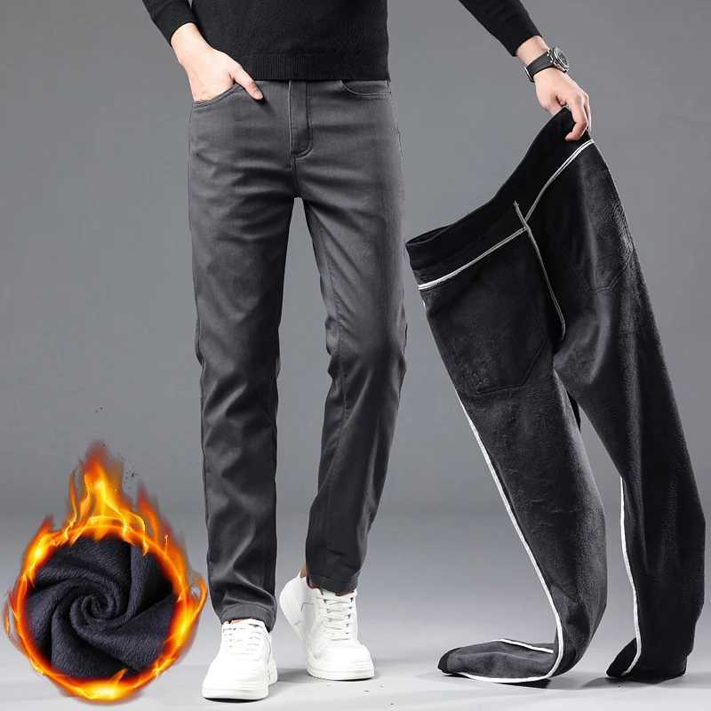 2024 New Winter Fleece Casual Pants Mens Straight Slim Thick Warm Male Business Fashion Casual Elastic Comfort Velvet Trousers W250819