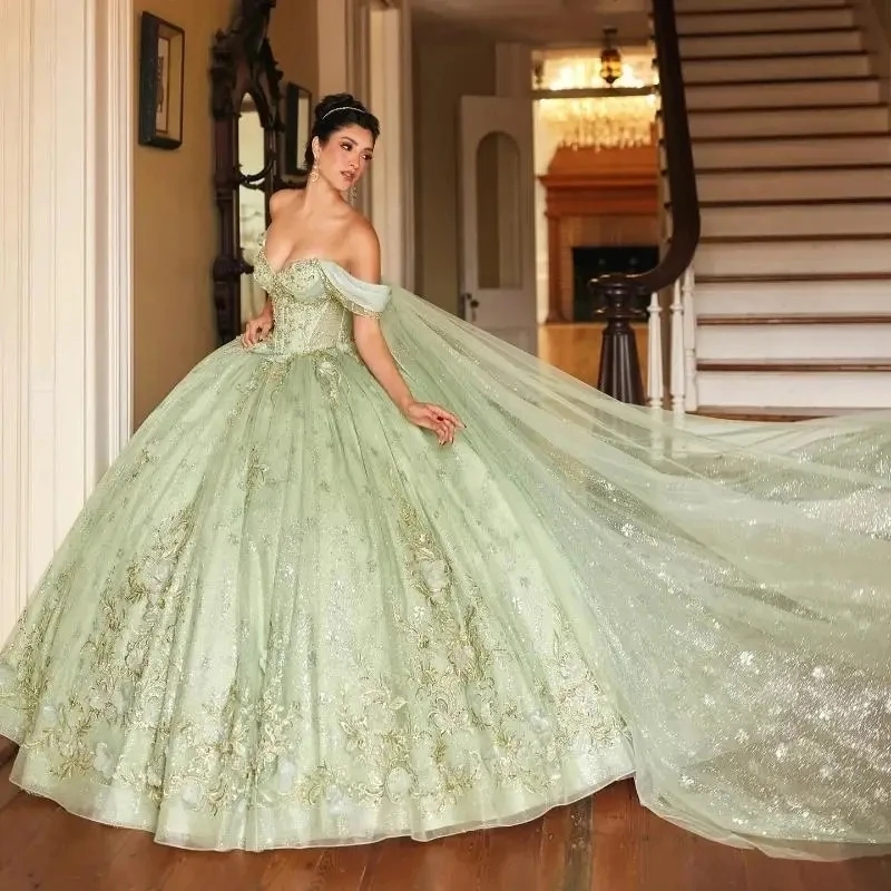 Sage Green Shiny Princess Quinceanera Dresses Off Shoulder Ball Gown Sequin Appliques Lace Beads Tull With Cape Sweet 16 Anos Vestidos De 15 Anos