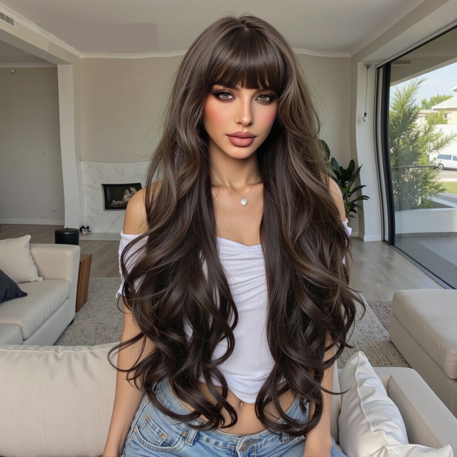 26-30inch Bangs Big Waves Fashion Long Curly Hair Mixed Brown Gold Brown Water Wave Wig Women Hair Customized