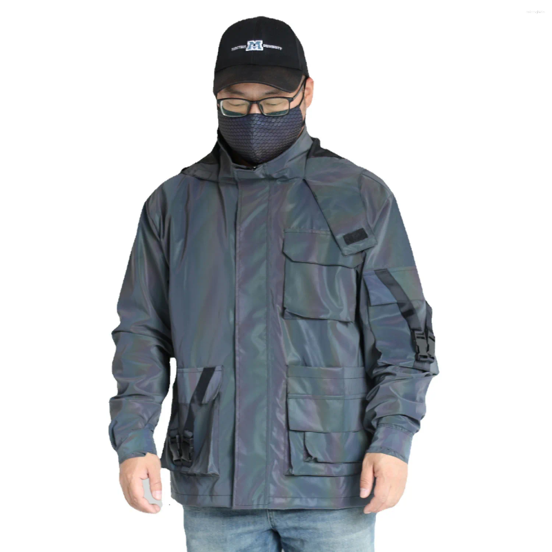 Men's Jackets Fashion Reflective Cargo Jacket With Pockets High Street Techwear Reflect Oterwear Hooded Tops