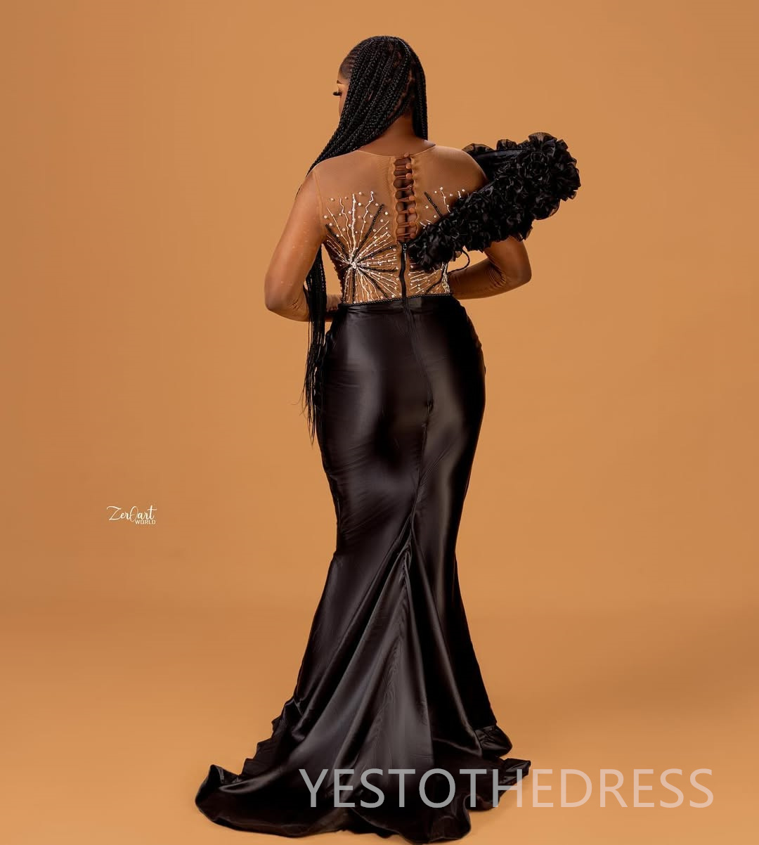 Plus Size Black Mermaid Prom Dress 2025 Evening Dresses Robe De Sorrie Sheer Neck Beaded Long Sleeves Crystals Flora Birthday Dress Second Reception G