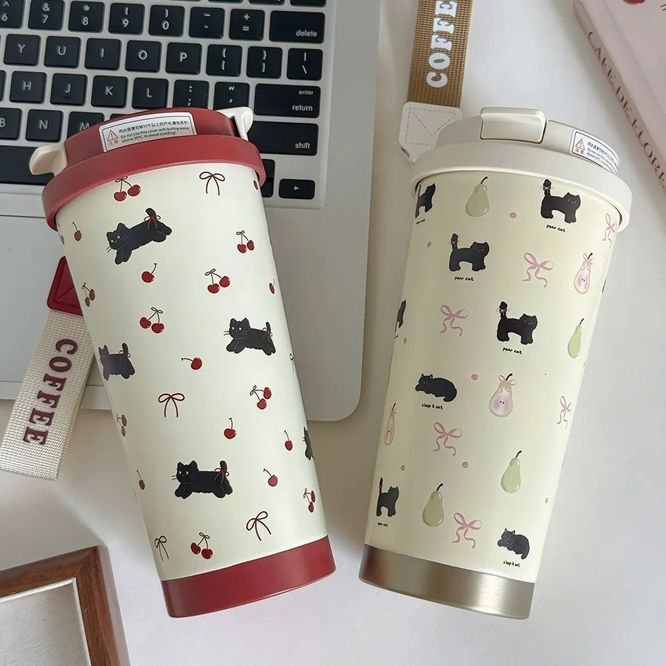 Cute Cherry Cat Tumbler 500ml Kawaii Water Bottle Stainless Steel Thermal Cup With Straw Portable Coffee Thermos For Tea Gift 250818 W260226