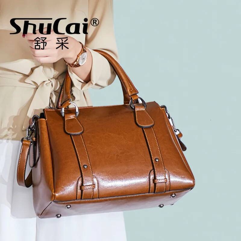 Genuine Leather Women's Shoulder Crossbody Handbag Top Handle Bags Casual Designer Female Oil Wax Cowhide Messenger Tote Bag