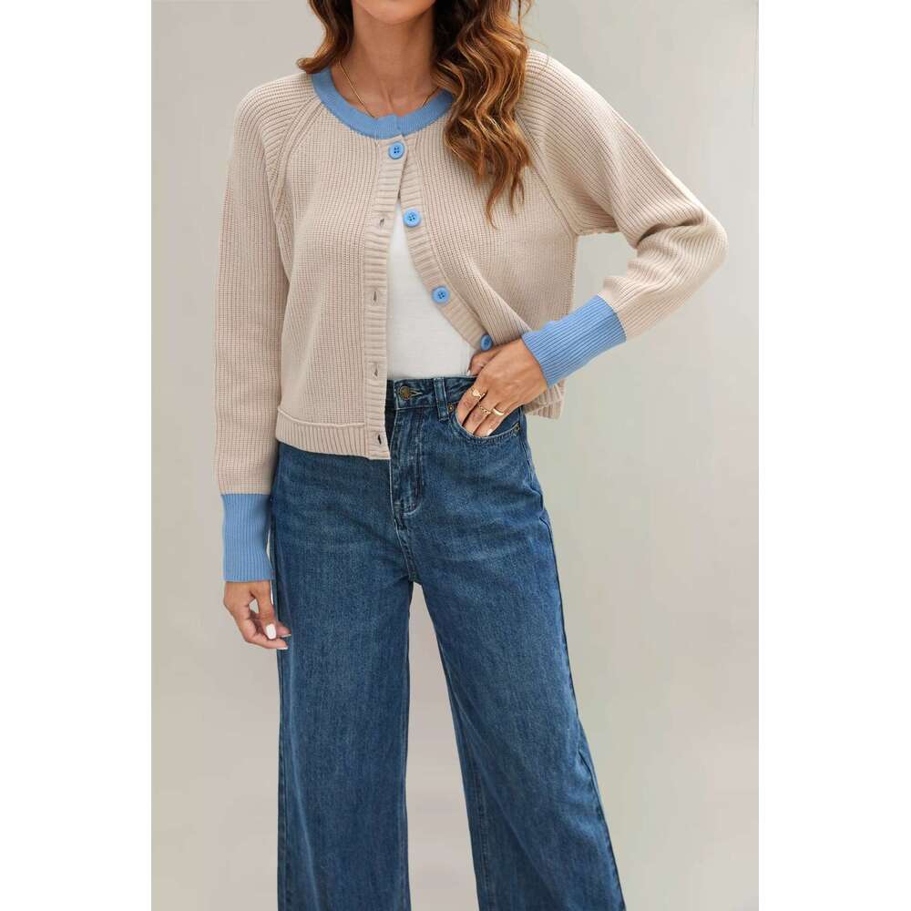 Autumn Winter New Tiktok Round Neck Color Block Fashion Button Contrast Knitted Cardigan Jacket B5