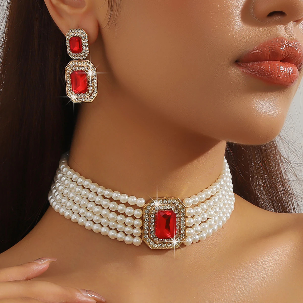 Rectangular Gemstone Earrings Pearl Necklace Set for Women Vintage Multi-layered Pearl Necklace Drop Earrings 250815
