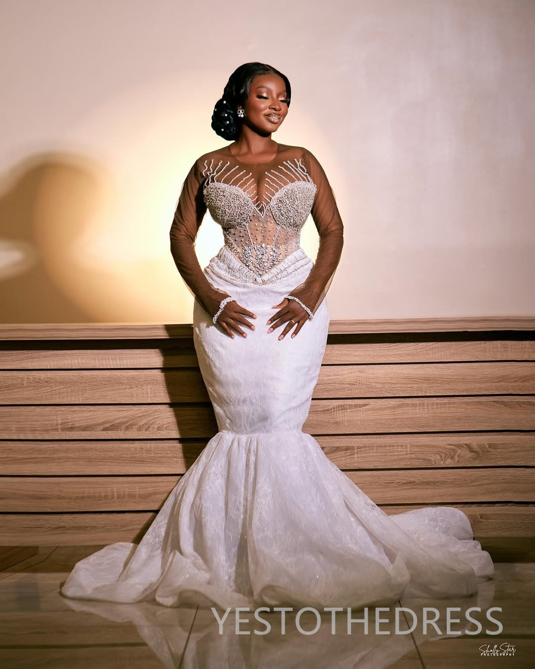 Plus Size Aso Ebi African Wedding Dress Bridal Gown For Bride Mermaid Wedding Gowns Sheer Neck Long Sleeves Beaded Lace 280Rhinestones Bridal Dress D6