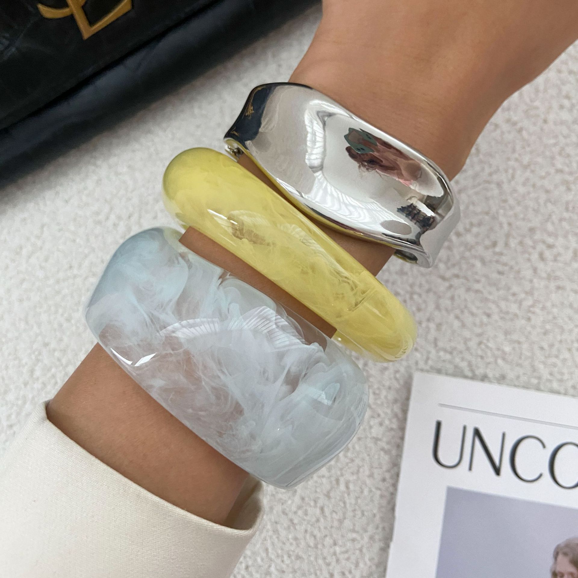 Contemporary Resin Cuff Bracelet Asymmetrical Ombre Blue Wide Bangle with Dual Coil Mechanism