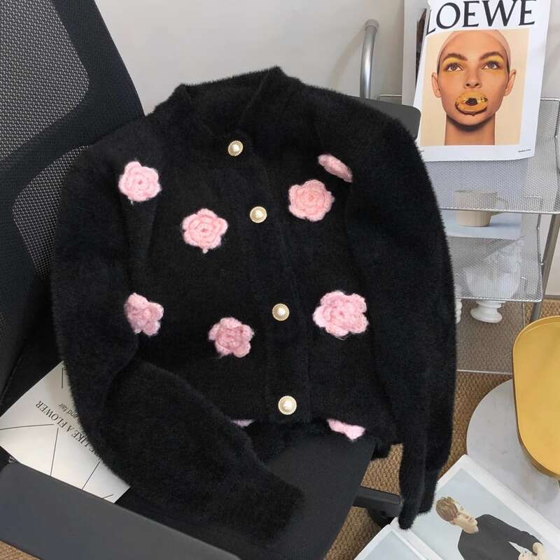 Sweet Flowers Embroidery Imitation Mink Sweater Cardigan Women's 2025 New Autumn Winter Sweater Jacket Top