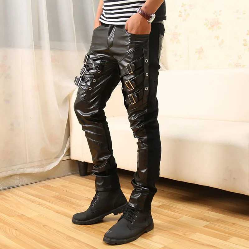 Mens Pu Patchwork Leather Pants Casual Punk Motorcycle Leather Trousers Fashion Buttons Splicing Leather Pants W250819