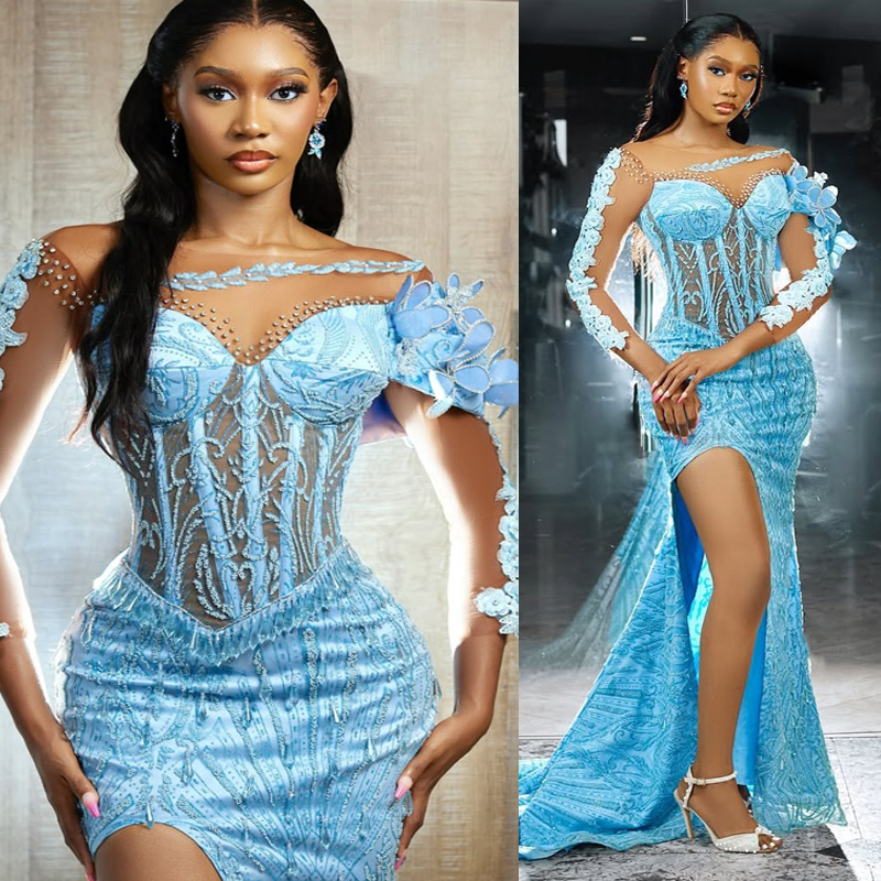 Sky Blue Mermaid Prom Dress 2025 Evening Dresses Robe De Sorrie Sheer Neck Illusion Beaded Lace Side Split Long Sleeves Birthday Dress Second Receptio