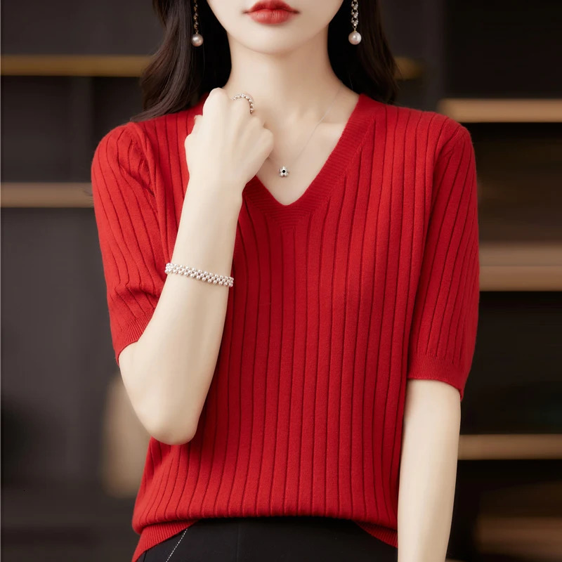 Womens Sweater Spring Summer Short Sleeve Vneck Knit Shirt Casual Korean Pullovers Stripe Bottoming Slim Fit Jumpers 250819