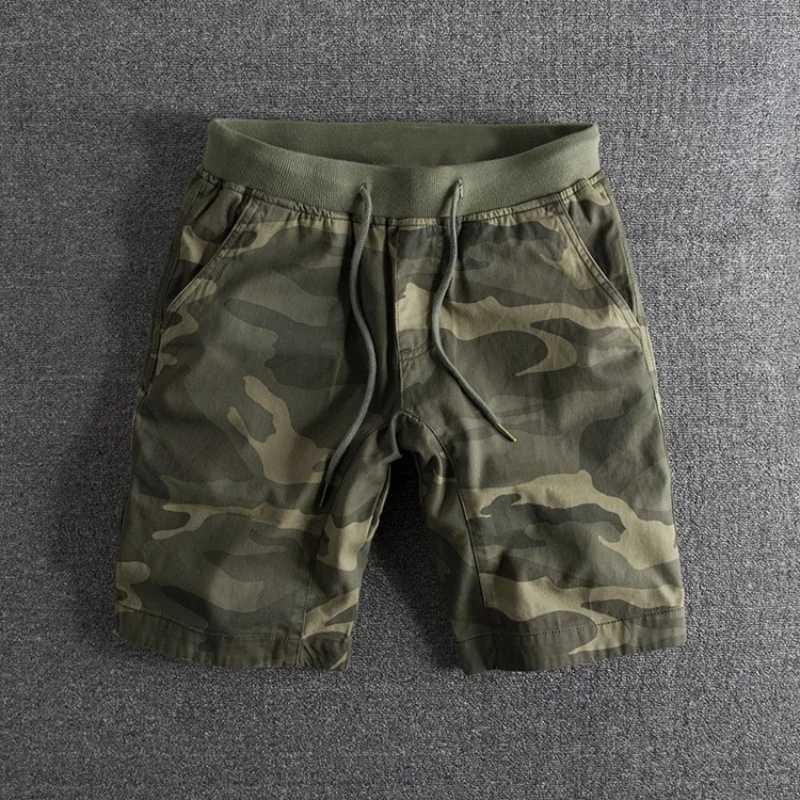2025 Summer New Washed and Aged Pure Cotton Personalized Camouflage Elastic Waist Drawstring Summer Mens Shorts Casual Shorts W250819
