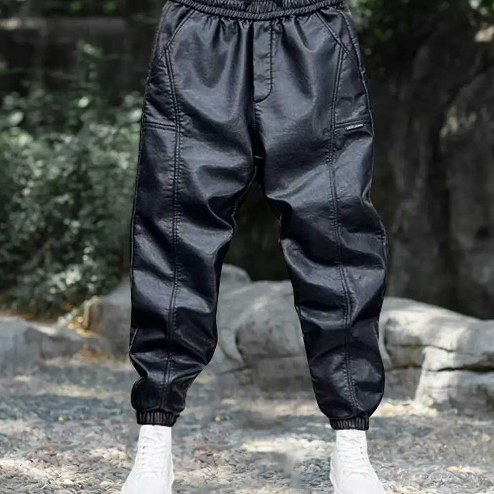 Waterproof Pants Faux Leather Trousers Windproof Waterproof Faux Leather Mens Pants with Elastic Waist Ankle-banded for Cycling W250819