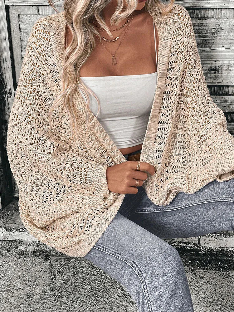 Polyester 10000% solid color camisole knit cardigan elegant front open bat wing sleeve loose for women 250819
