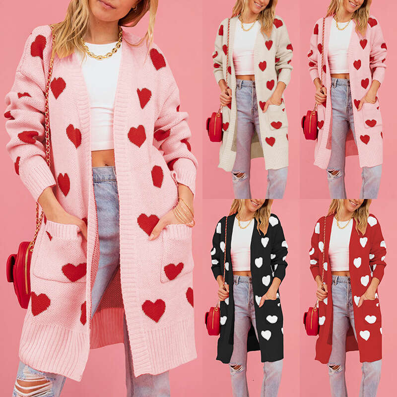New Winter Valentine's Day Heart Knitted Mid-Length Plus Size Sweater Coat For Women B5