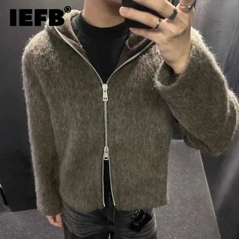IEFB American Style Mens Cardigan Hooded Zipper Mohair Tops Solid Color Casual Loose Knitting Male Sweaters Menswear 9W201 250819