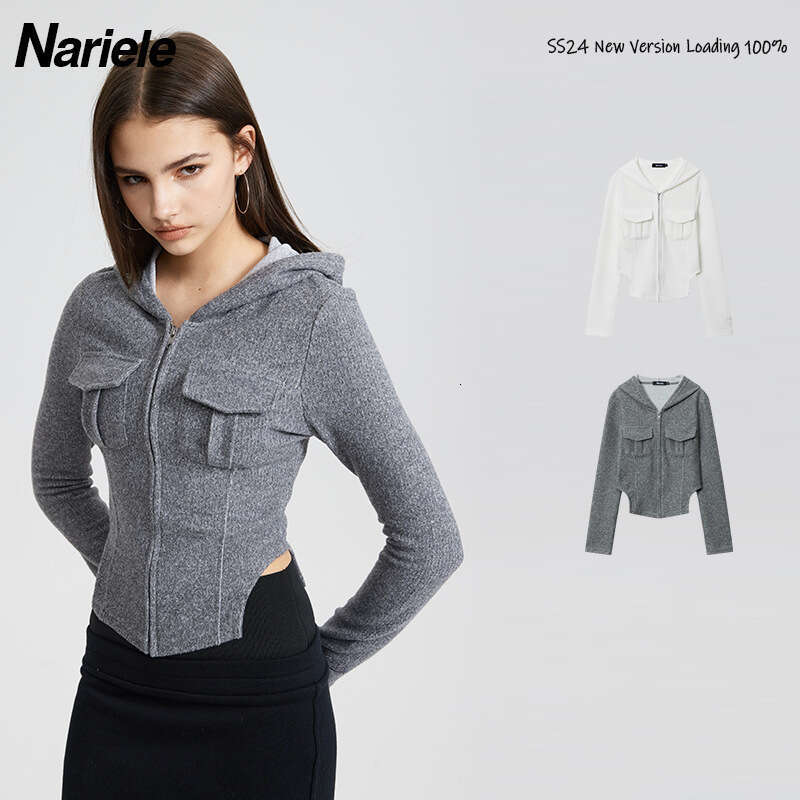 Hot Girl Pocket Decoration 25 Spring New Solid Color Zipper Hooded Slim Fit Long Sleeve T-Shirt For Women B3