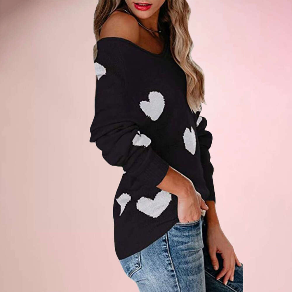 Autumn Winter New Temu Loose Heart Valentine's Day V-Neck Women's Pullover Sweater B5