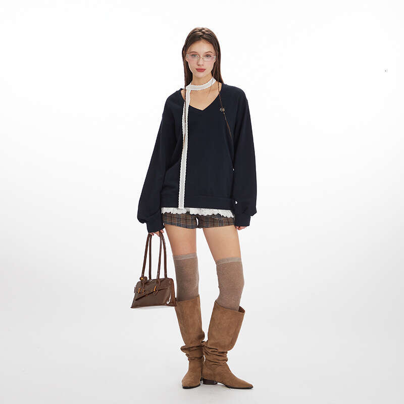 Fake Two-Piece Lace Patchwork Neck Scarf Design Top Women V-Neck Loose Sweatshirt Hot Girl Style B5