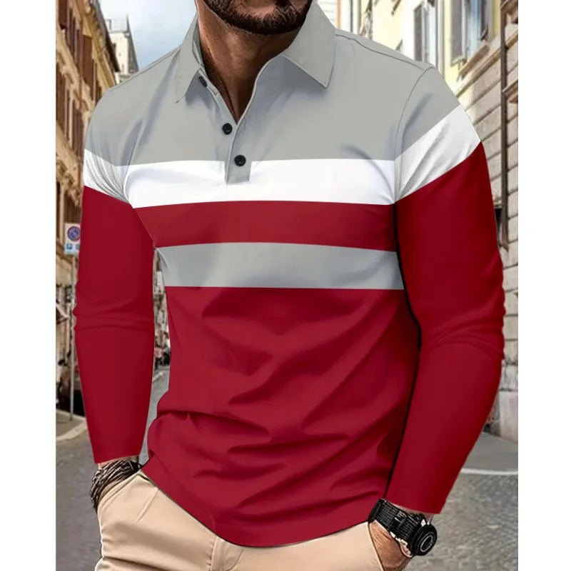 Three Stripe Mens Long Sleeve Polo Solid Color Tops Summer And Autumn Casual Breathable Comfortable Retro Street Polo Shirt 250818