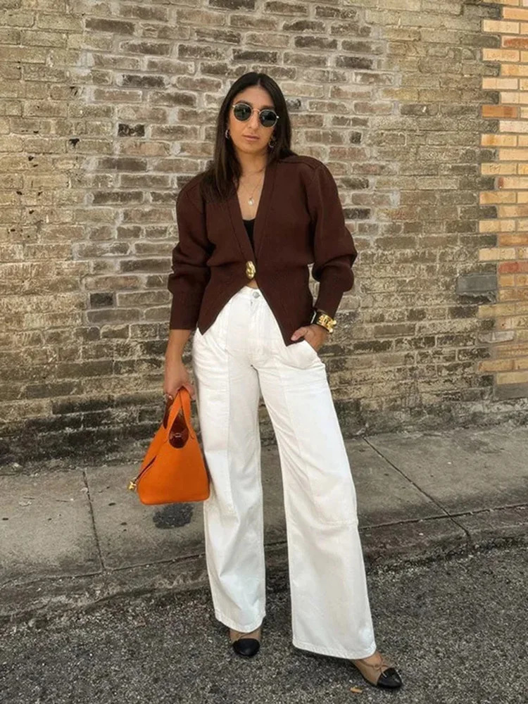 TRAF Womens Knitted Cardigan Jacket Fashion High Street Alien Button Trimmed ner Warm Sweater Style Chic Womenswear 250819