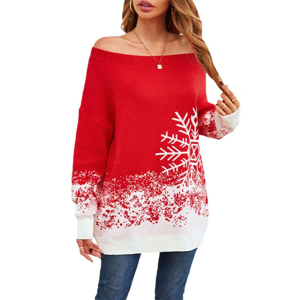 Autumn Winter Temu Women's Snowflake Christmas Color Block Off-Shoulder Sweater Plus Size B5