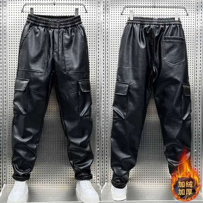 Mens Leather Motorcycle Cargo Pants Multi-Pockets Black PU Pants Men Elastic Waist Mopping Trousers Luxury Elastic Waist Pants W250819