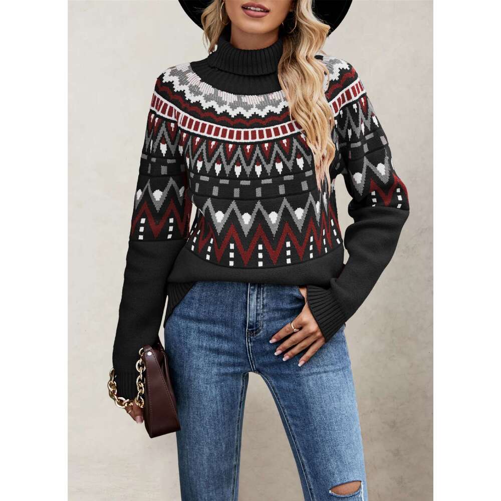 Autumn Winter New Women's Clothing Patchwork Color Block Sweater High Neck Loose Knit B5