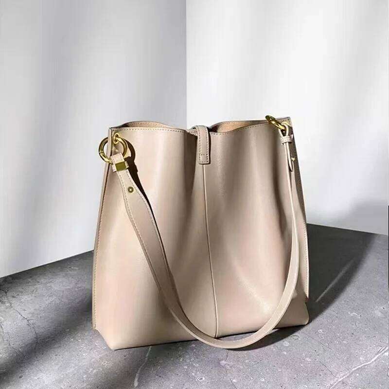 Simple Vintage Cowhide Leather Composite Bags for Women Casual Large Capacity Female Solid Bucket Handbag Totes bag