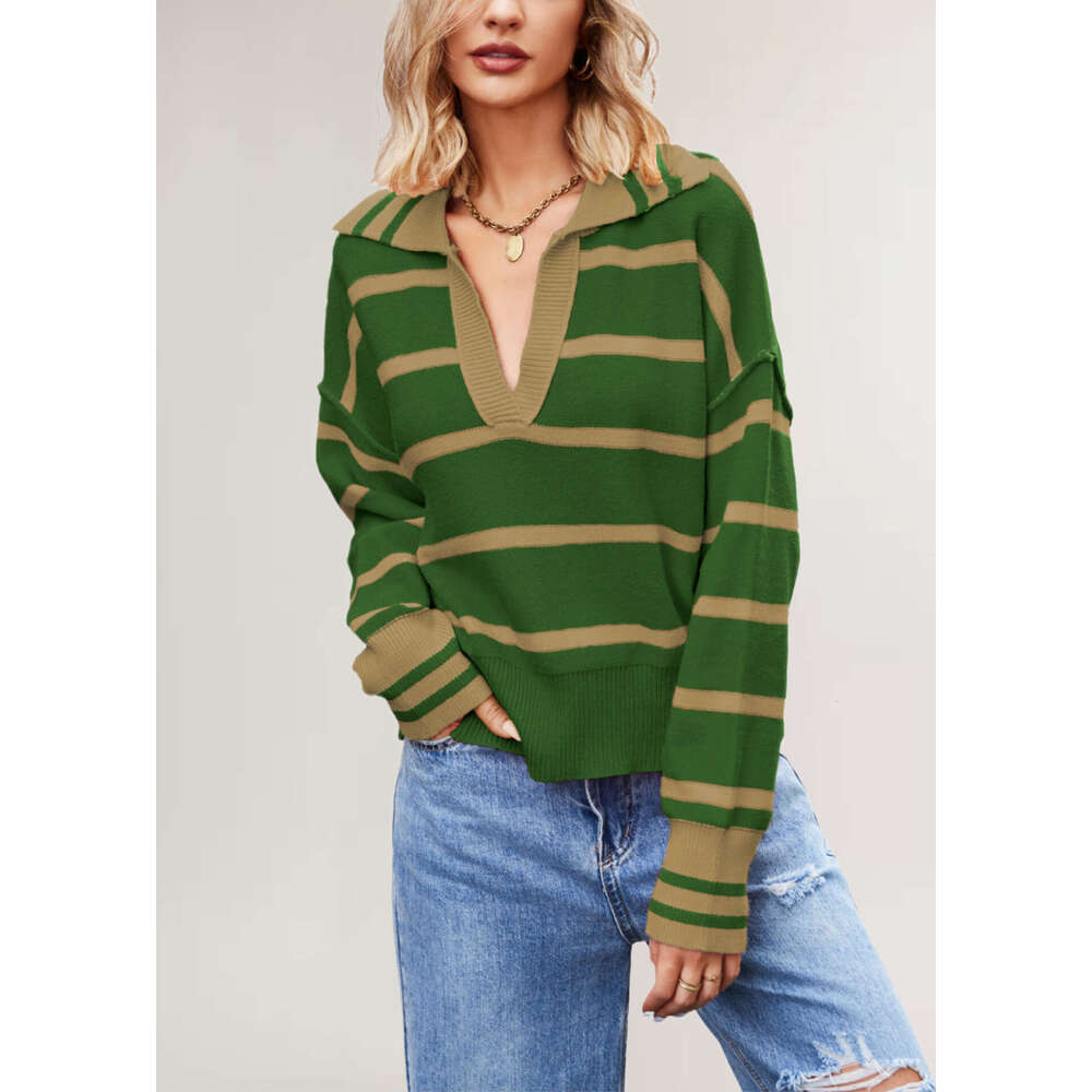 Autumn And Winter New V-Neck Striped Color-Block Loose Plus Size Women's Knit Sweater B5