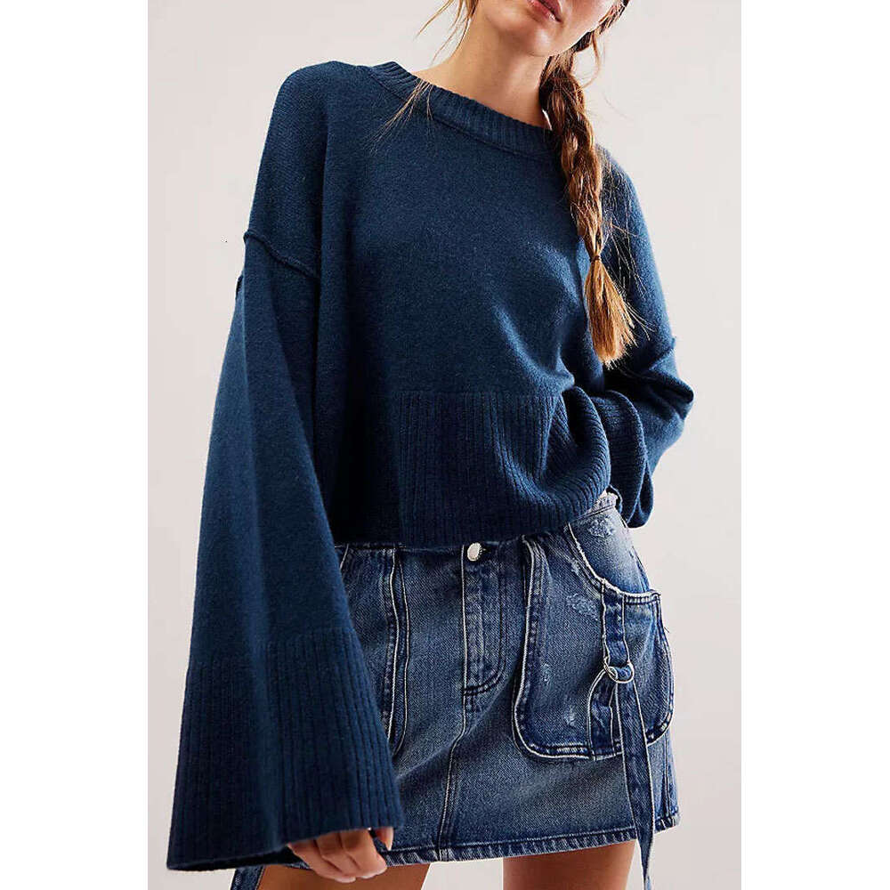 Autumn Winter New Solid Color Round Neck Flared Sleeve Pullover Knitted Fashion Women's Sweater B5