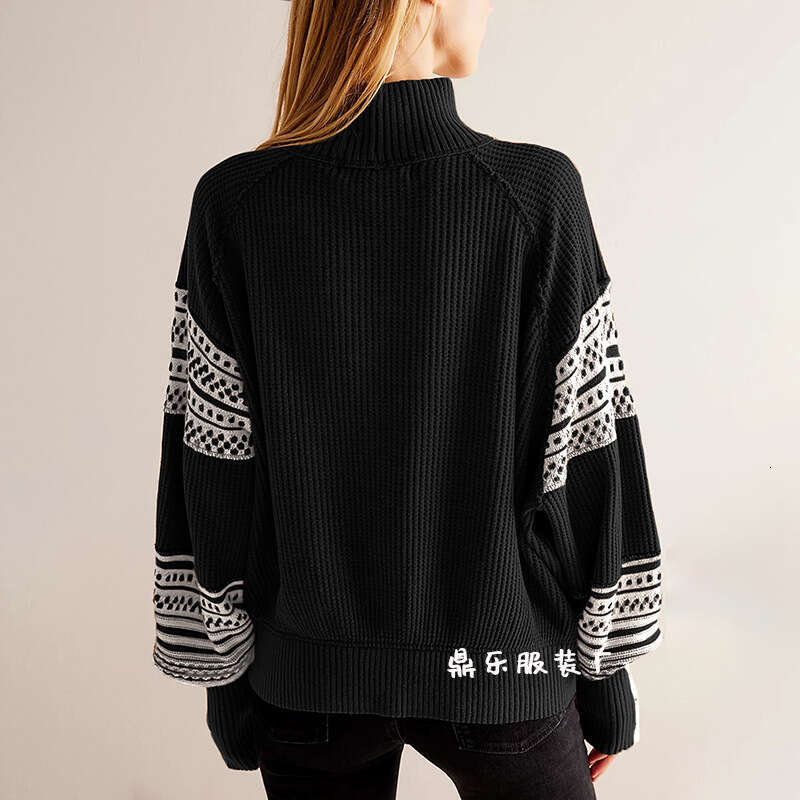 New Autumn And Winter Knitted Color Matching Half Turtleneck Fashion Pullover Sweater Women's Clothing B3