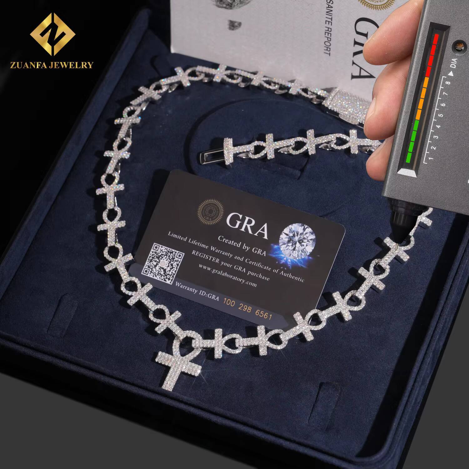 New Trendy Hip-Hop Jewelry Iced Out VVS Moissanite Diamond Cross Pendant Link Chain Pass Diamond Tester