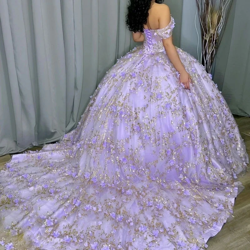 Lavender Shiny Quinceanera Dresses Beads Gold Sequin Appliques Flower Ball Gown Off The Shoulder Birthday Party Vestidos 15 Anos Sweet 16 Dress