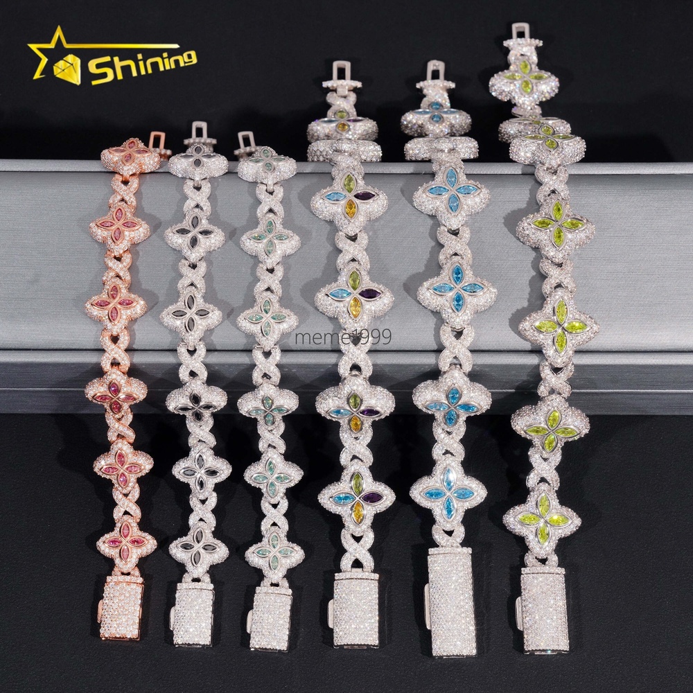 New Arrivals 925 Silver Color Marquise Clover Hip Hop Moissanite Diamond Infinity Link Bracelet