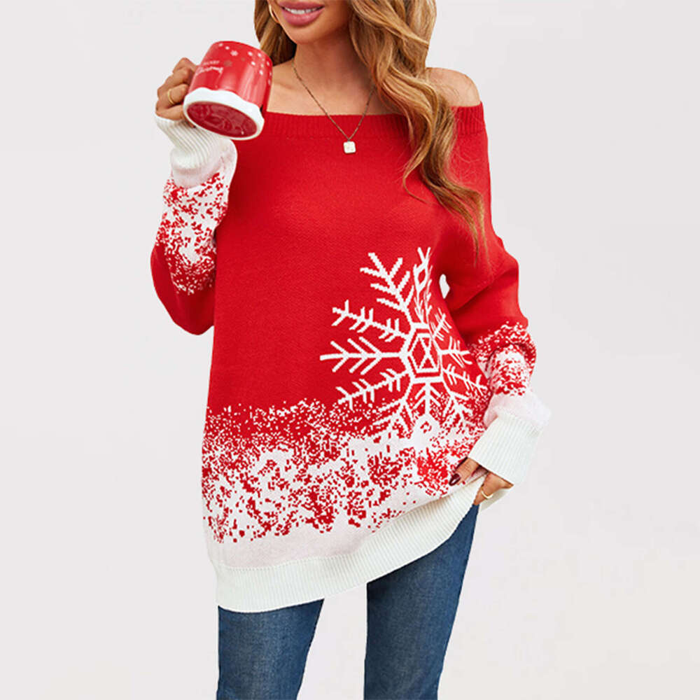 Autumn Winter Temu Women's Snowflake Christmas Color Block Off-Shoulder Sweater Plus Size B5