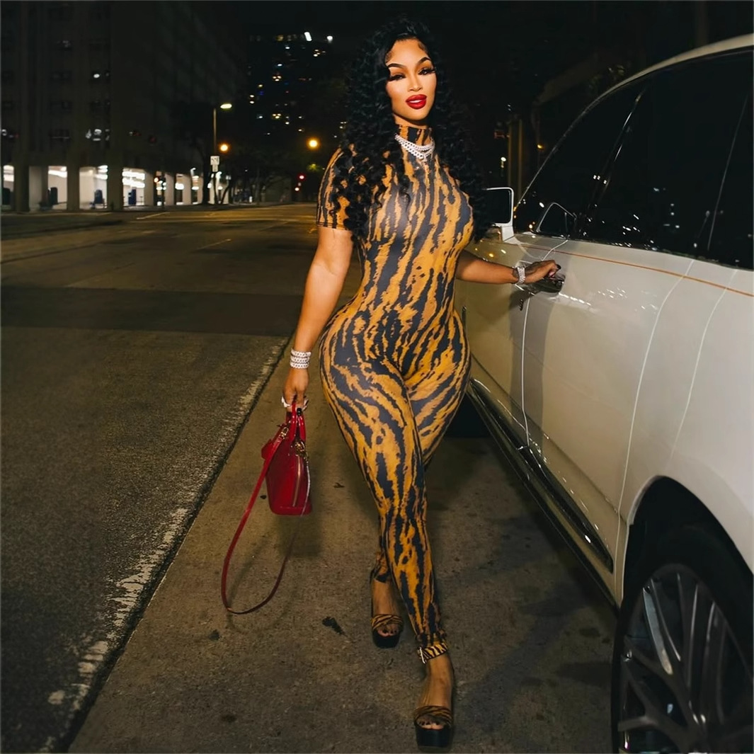 D9758 Womens Sexy Striped Print Back Hollow Short Sleeve Long Pants Jumpsuit