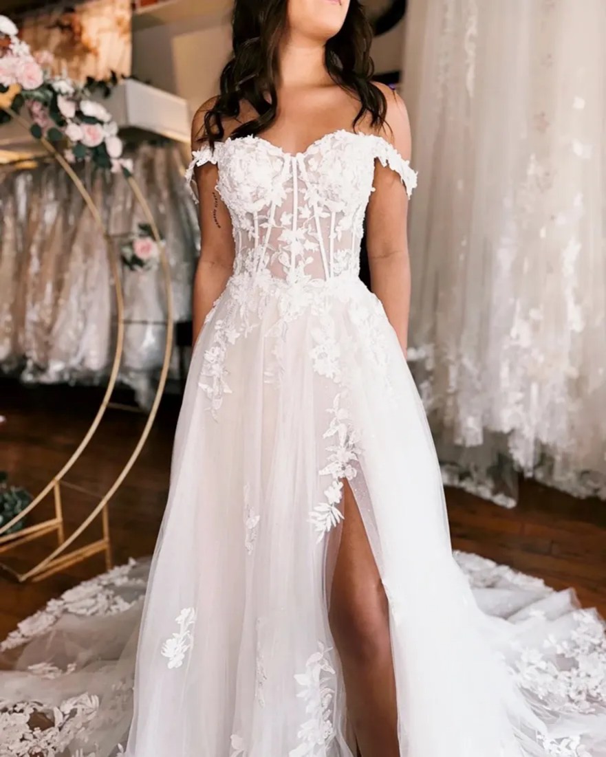 Nov Arabic Aso Ebi Plus Size Lace Bohemian Wedding Dress Floral A-line Ivory High Split Vintage Summer Bridal Gowns Dresses
