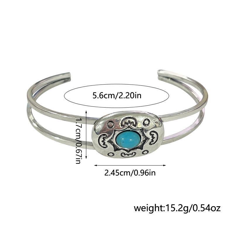 Artisan Tribal Cuff Bracelet Hand Stamped Turquoise Accent Bangle with Feather Motifs Adjustable Closure