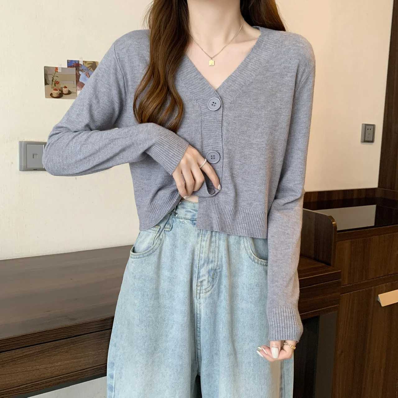 Thin Summer Yellow Cardigan Knitted Shirt Womens High Stretch Long Sleeve Casual V-Neck Sweater Tank Top Clothes XJ250819